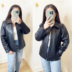 Eddie Bauer Black Leather Sleek Y2K Vintage Style Zipper Jacket Medium